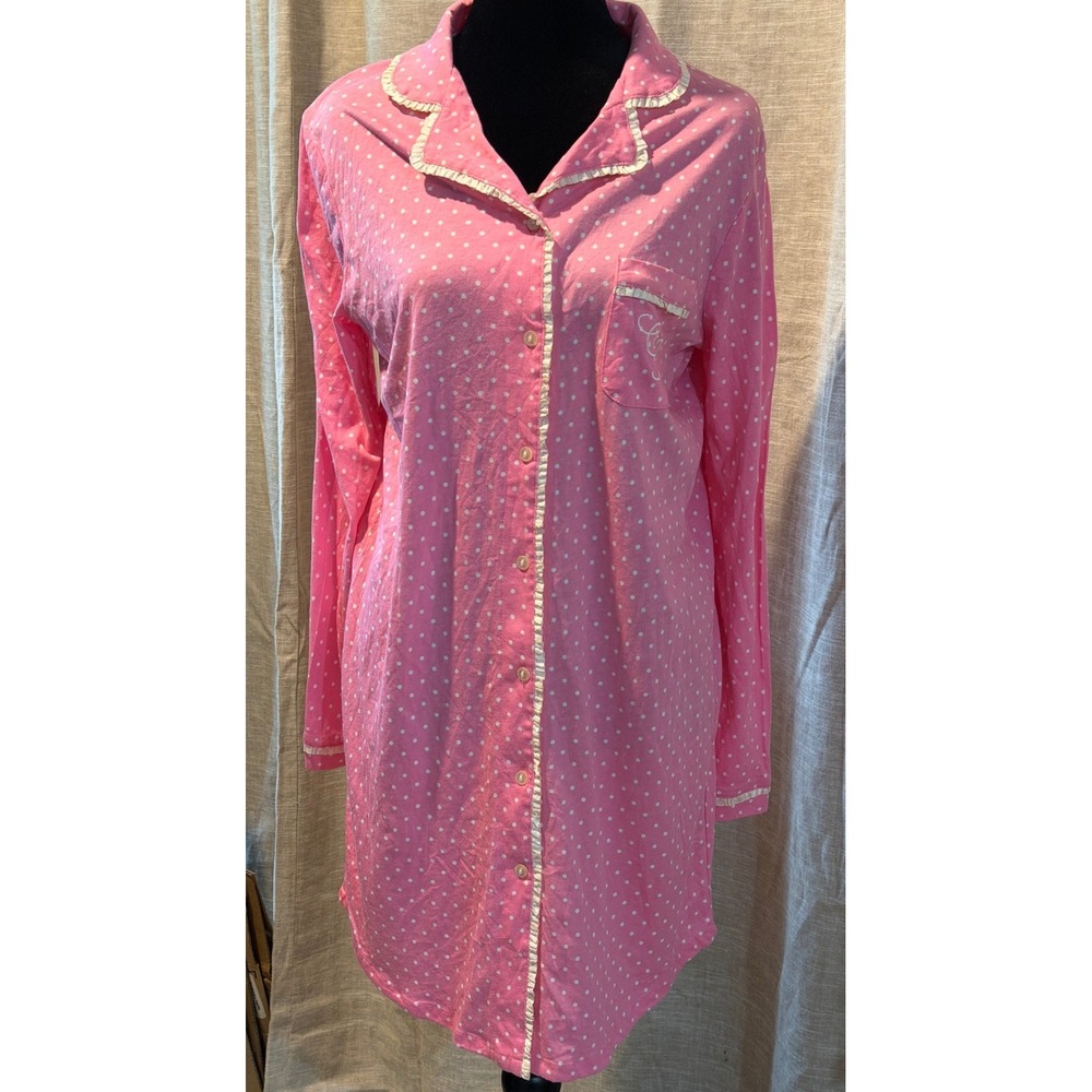 Caribbean Joe Womens Pink Polka Dot Nightshirt Long Sleeve Button Front L 12-14